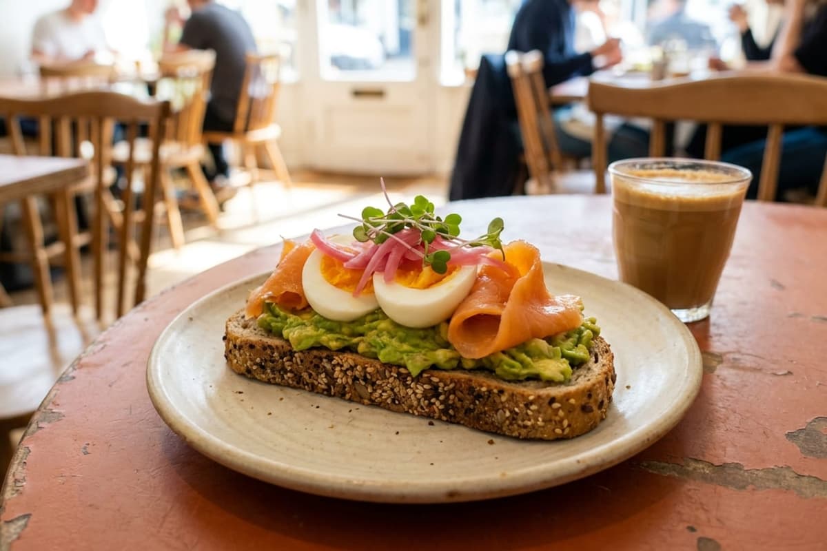 Avocado toast topped with hard boiled egg and smoked salmon beside a cortado at GROU in Coral Gables