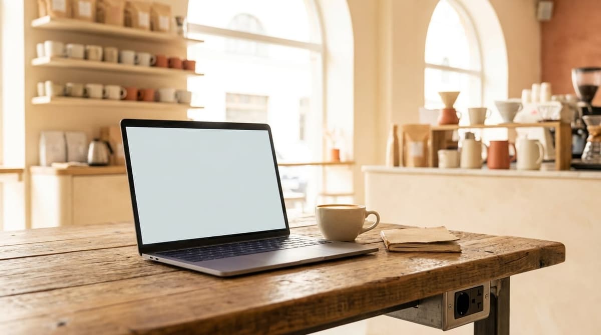 Una laptop, un flat white y un cuaderno sobre una mesa grande de madera junto a un enchufe en un coffee shop de Miami