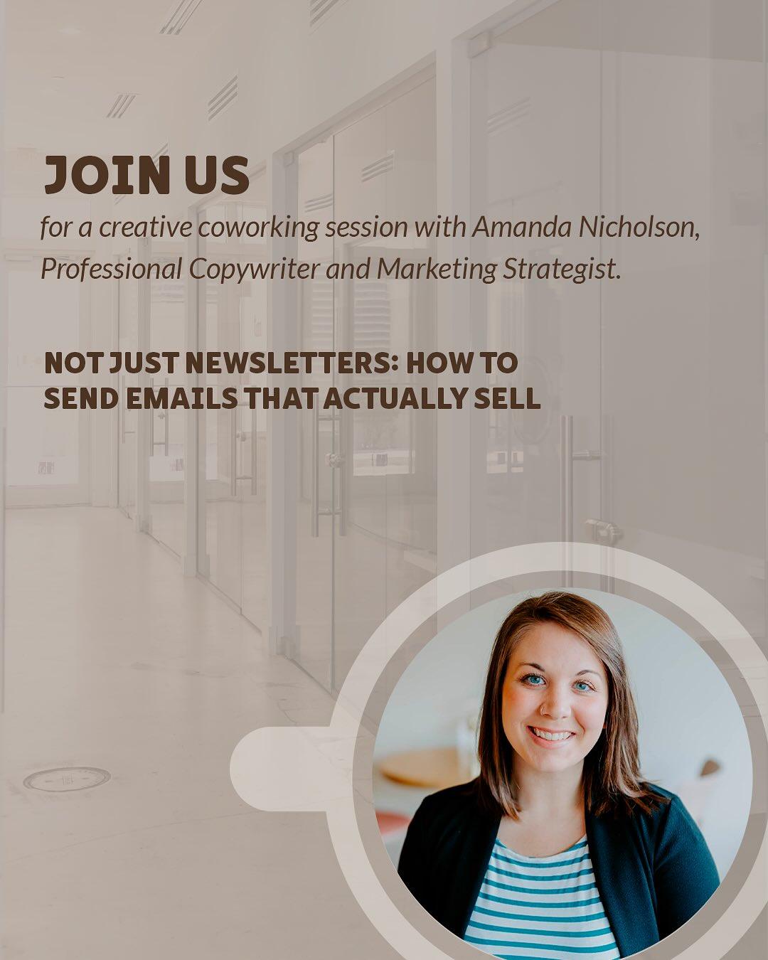 Flyer with Amanda Nicholson's photo for a creative coworking session on how to send emails that actually sell