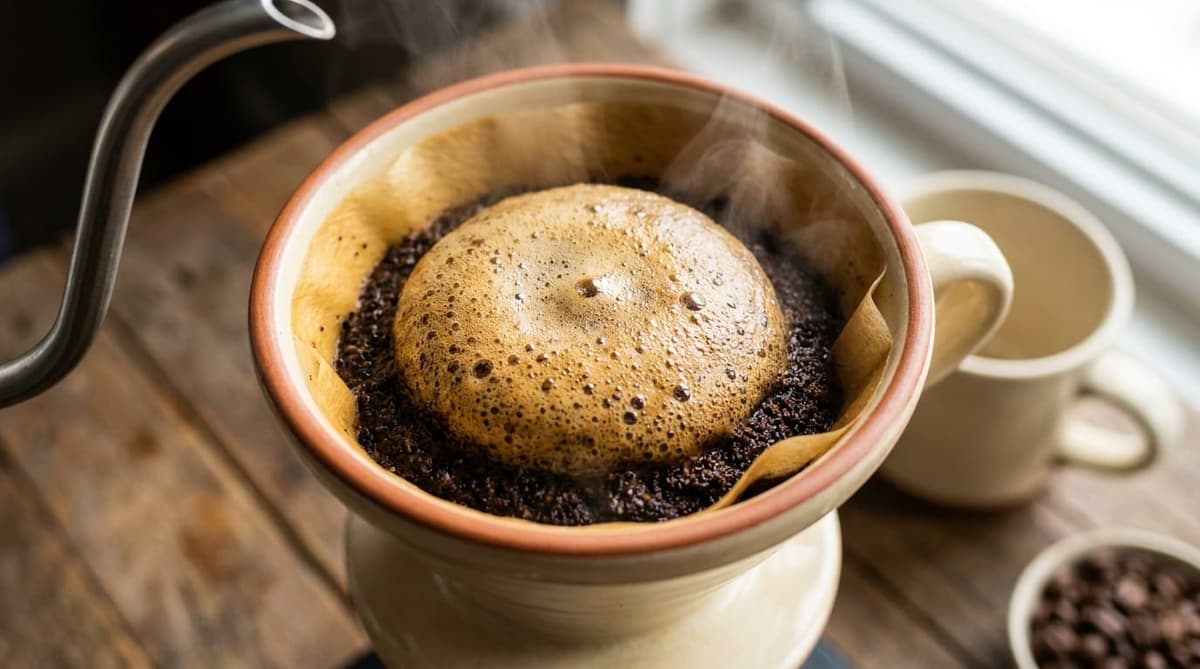 Café recién molido formando una cúpula de espuma en un pour over