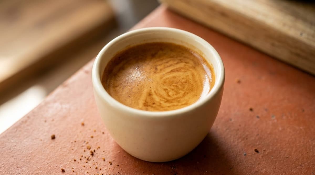 Crema gruesa de color marrón rojizo sobre un espresso recién preparado