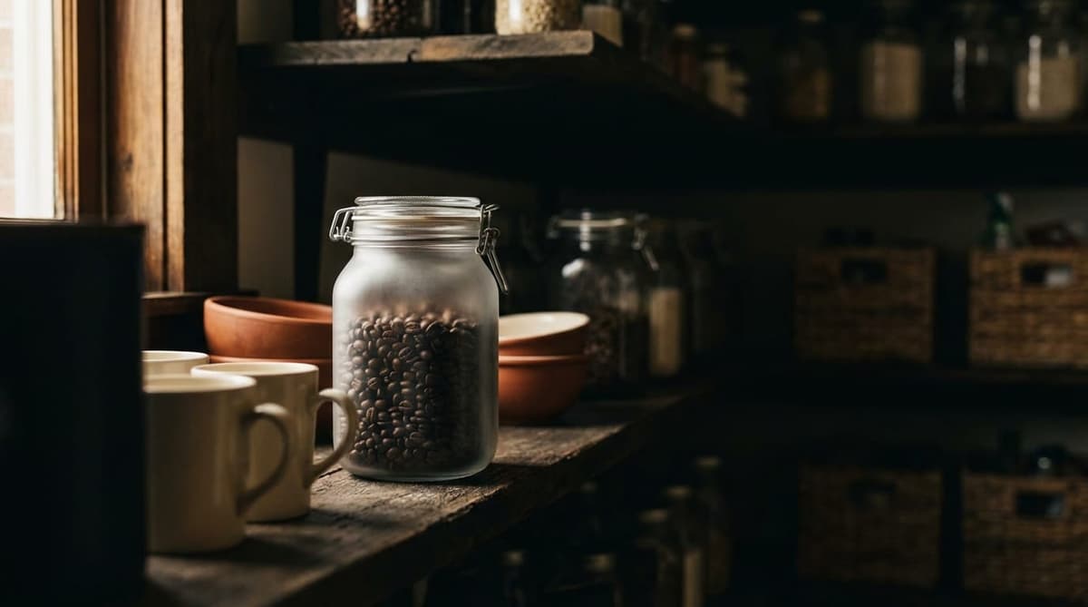 Frasco hermético con granos de café enteros en una alacena fresca y oscura